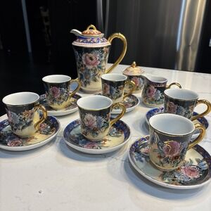 VINTAGE RARE IMPERIAL NIPPON TEA POT SET 17 PIECES PINK FLOWERS GOLD TRIM